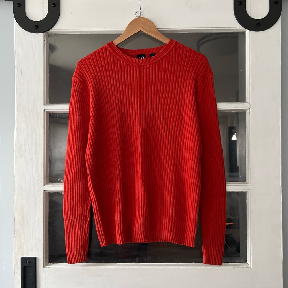 Vintage Gap Unisex Large Orange/Red Ribbed Knit Cotton Long Sleeve Sweater Y2K